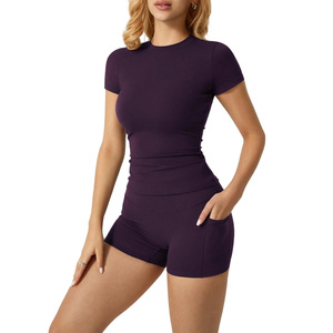 Ensemble <span class=keywords><strong>de</strong></span> vêtements <span class=keywords><strong>de</strong></span> sport assortis pour femmes à manches courtes, tissu à séchage rapide, t-shirt <span class=keywords><strong>de</strong></span> <span class=keywords><strong>yoga</strong></span>, taille mi-haute, tissu extensible à quatre sens - Product Image 6