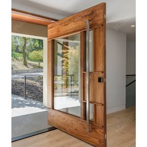 Puerta de Entrada de Madera Maciza de Alta Calidad con Doble Vidrio Templado Color Madera Original, con Manija Larga y Pivote para Casa - Product Image 3