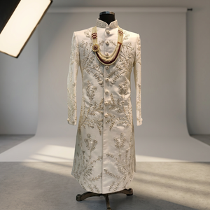 STYLISH EMBROIDERY on WHITE SILK FABRIC SHERWANI,<b>PANT</b> & MATCHING Men's Suits & Blazer>Men's Suits Product - Product Image 3