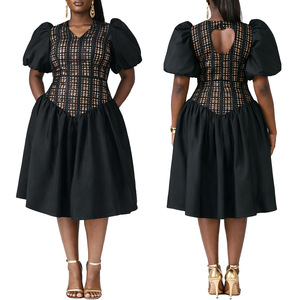 BR6845 Nouvelle robe pour femmes grandes tailles, col en V, manches bouffantes, taille cintrée, imprimé floral, patchwork - Product Image 2