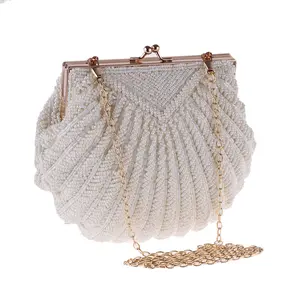 2021新ホワイトバッグ手作り真珠の誕生日パーティーミニシェルクラッチビーズハンドバッグファッションブライダルバッグ