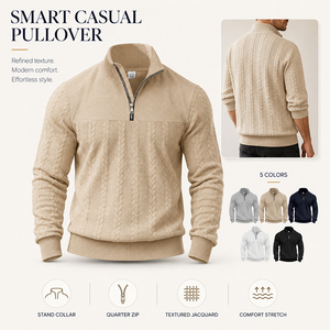 Men's Vintage Style Quarter <b>Zip</b> Sweatshirt Cable Knit Textured Long Sleeve Loose Fit Warm Casual Pullover for Cold Weather - Product Image 2