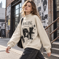 Sweat-shirt à col montant en maille côtelée pour femme, imprimé sérigraphié, coupe oversize, décontracté, en molleton, marque privée