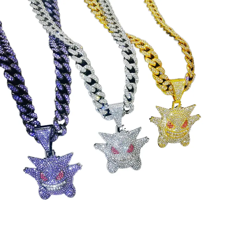 Trois couleurs différentes Big miami chaîne avec alliage hip hop et collier ras du cou pendentif ELF en strass CZ bling complet