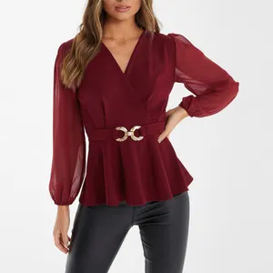 Dames Elegante Lange Mouwen Rode Chiffon Gesp Peplum Top Blouse