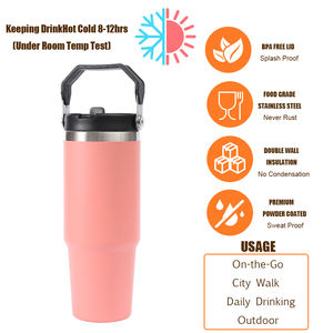 زجاجة ماء حرارية من الفولاذ المقاوم للصدأ سعة 30 أونصة مع غطاء سيارة مخصص ومقبض علوي وقش قابل للطي للتخييم - Product Image 2