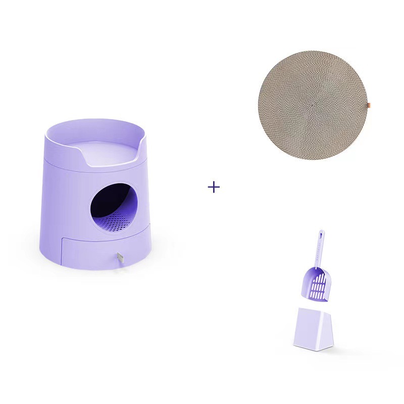 Château pour chat violet avec bac à litière, pelle et griffoir.