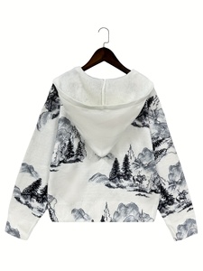 <span class=keywords><strong>Pull</strong></span> à capuche pour femme motif paysage montagneux 2026, col en <span class=keywords><strong>V</strong></span>, manches longues, imprimé croquis, 100 % polyester, idéal pour l'extérieur et le style zen - Product Image 3