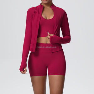 Spot Goods Seamless Solid Color <b>Tight</b> High Elastic Breathable for Nine Quarter Sleeve Collar Zipper Jacket Outdoor Fitness - Product Image 4