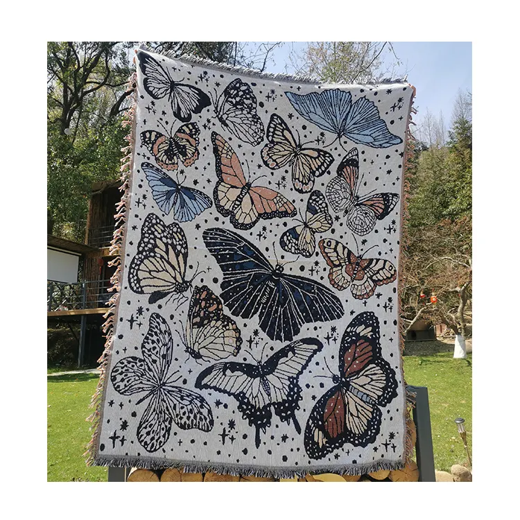 Nuevo diseño personalizado Jacquard tapiz diseño patrón tejido bohemio algodón poliéster mezcla Manta con logotipo