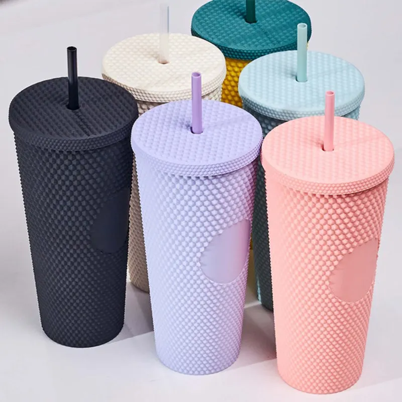 Promosi 2023 gelas Tumbler Matte bertatahkan warna-warni 710 Ml/24 Oz dengan sedotan untuk kopi, teh susu dan jus