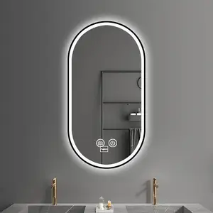 Oval LED Marco de metal montado en la pared antiniebla IP66 impermeable función de memoria inteligente negro oro plata espejo de baño