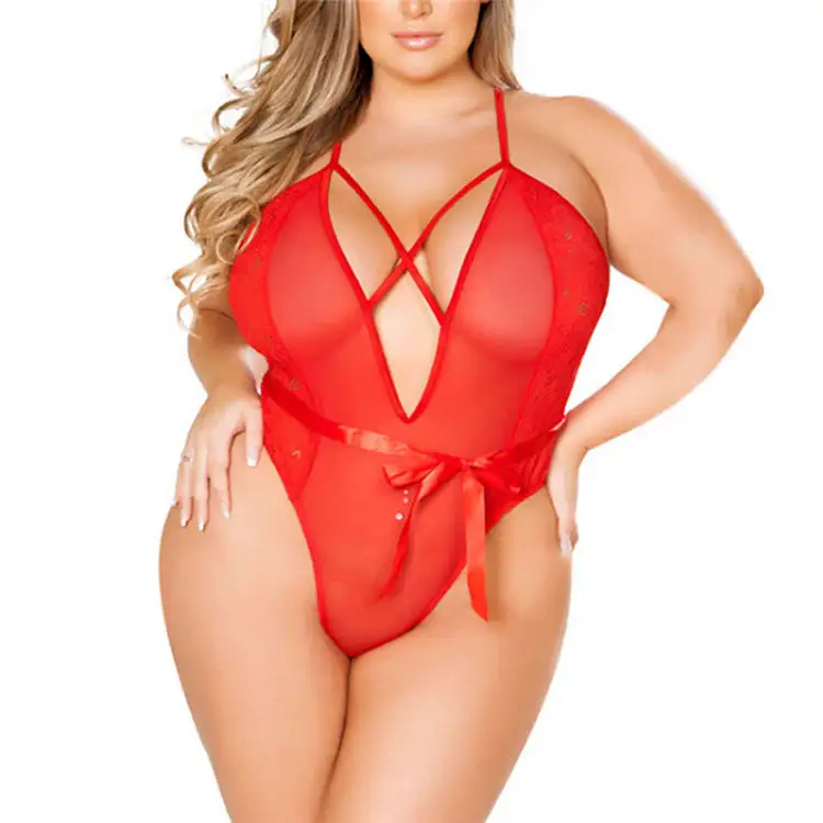 Low Price S-5XL Plus Size Transparent Mesh See Through Sexy Teddy Bodysuit Fat Women Lingerie