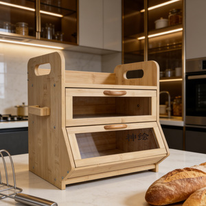 Boîte de rangement à pain en bois double couche avec couvercle rabattable en bambou, conteneur de pâtisserie moderne au design simple pour la cuisine - Product Image 1
