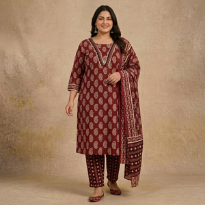 Women Plus Size <b>3</b> Piece <b>Set</b> Floral <b>Print</b> Organic Cotton Long Kurta Pant Dupatta Casual Regular Fit Three Quarter Sleeves L 10XL - Product Image 1