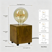 Lampe de table en bois, base carrée vintage en bois massif, ampoule, décoration romantique, lampe de nuit pour chambre à coucher, cadeau