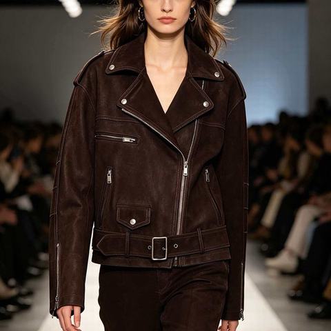 HN6170 Motorcycle-style Women's Leather Jacket Suede Goat Skin Belt Cinched Waist Coat for Women