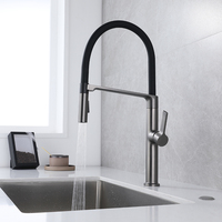 Robinet de cuisine moderne en acier inoxydable avec valve en céramique, bec flexible en silicone orientable, douchette extractible, à poser sur plan pour usage hôtelier