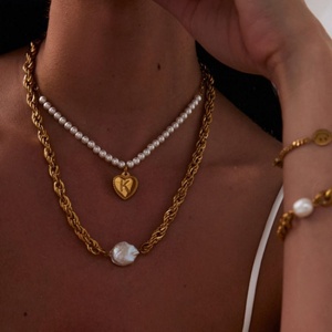 Popular <b>Pearl</b> Bead Pendant Stainless Steel Twisted Chain <b>Chocker</b> Necklace for Women Wedding Gold - Product Image 3