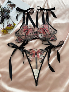 Vente en gros de lingerie pour femmes, 2 pièces, avec ruban, brodée, charmante et bon marché - Product Image 3
