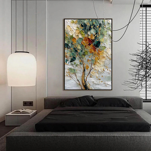 Emerald Jewel Tree Textured Palette Knife Tree Painting Golden Accents Hand Painted <b>Canvas</b> Still Life Wall Artwork Wood Hanging - Product Image 3