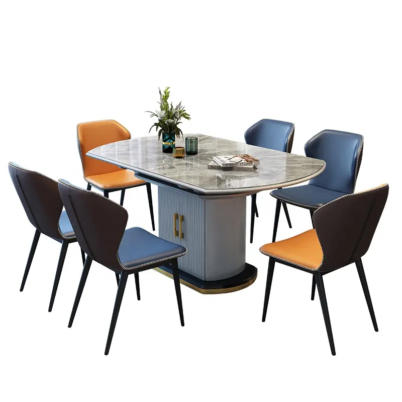 Italiaanse Klaptafel Stoel Eetkamer Meubilair Marmer Ronde Tafel Moderne Metalen Voet Telescopische Eettafel Met Kluisjes