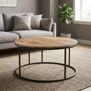 Industrial & Vintage Eco-Friendly Durable Living Room Furniture Steel & Solid Wood Round <b>Coffee</b> <b>Table</b> - Product Image 2
