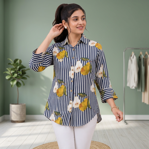 Camisa Casual Estampada 100% Algodón para Mujer, Azul Marino con Rayas y Estampado de Pera, Cuello con Botones, Manga 3/4, Blusa de Moda para el Día a Día - Product Image 4
