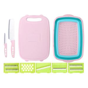 Planche à découper multifonctionnelle neuf-en-un en plastique pour légumes avec passoire pliable - Product Image 1