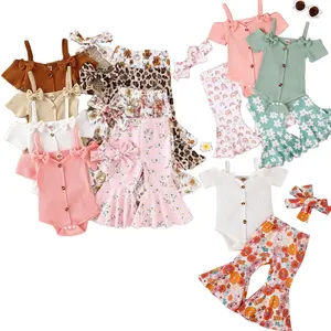 3 Pc Cold Shoulder Romper Bell Bottoms Meisje Kinderkleding Sets Peuter Kleding Zomer