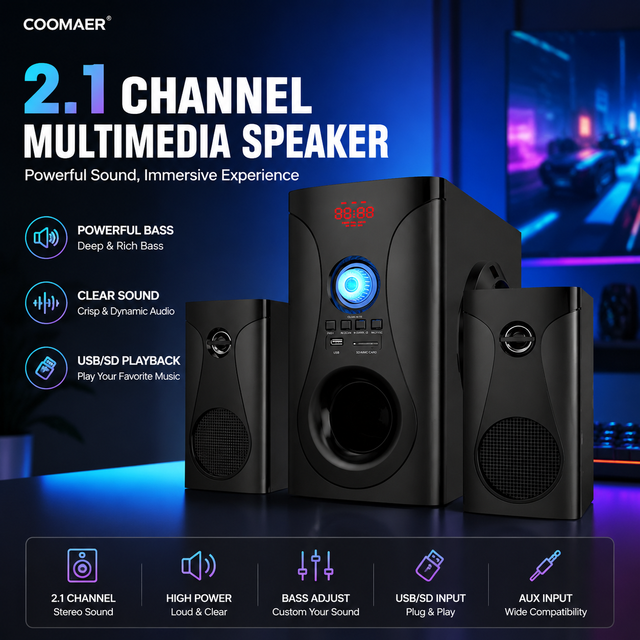 50W 2.1 Channel Multimedia Speaker System with Powerful Bass, Professional Audio Home Theater Speakers with USB/SD/AUX Input