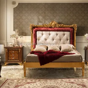 Clássico antigo Super King Size Cama Dupla Em Madeira De Teca Duplo King Size Bed & Bedroom Cama Esculpida Dourada Com Nightstand