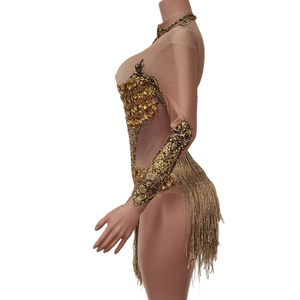 Monos de Manga Larga con Flecos Dorados Sexys para Carnaval, Fiesta, Pole Dance, Body de Una Pieza con Pedrería para Mujer - Product Image 2