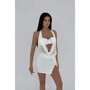 Mini-robe blanche unie avec détails en tulle, taille empire au crochet, volants translucides, élégante et discrète, idéale pour les soirées en club et les remises de diplômes - Product Image 4