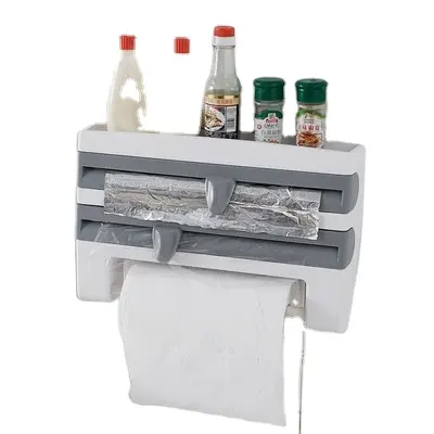 Soporte para rollo de película, colgador de papel, utensilios de película adhesiva para montar en la pared, dispensador de papel de cocina de plástico, 4 en 1