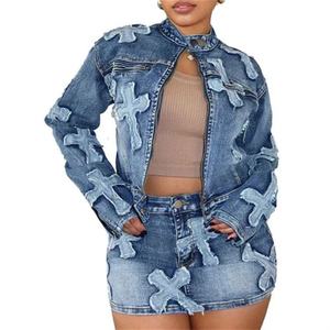 2024 blu Denim Damen Casual estivo streetweet Sexy Zweiteiliges con scollo a V Langarm-Jack <span class=keywords><strong>Minirock</strong></span> Reibverschluss chiusura - Product Image 3