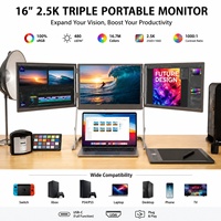 Moniteur portable triple Plug and Play 3*16 pouces 2.5K haute luminosité avec boîtier en aluminium pour smartphone, ordinateur portable et diffusion TV