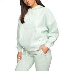 Ensemble de survêtement à capuche vert clair uni pour femmes, sweat à capuche à manches longues et pantalon, tenue décontractée en deux pièces - Product Image 1