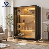 Vila para Gatos de Madeira com Vários Níveis, Portas Deslizantes de Vidro, Iluminação LED, Recortes em Formato de Cabeça de Gato e Caixa de Areia para Gatos de Interior