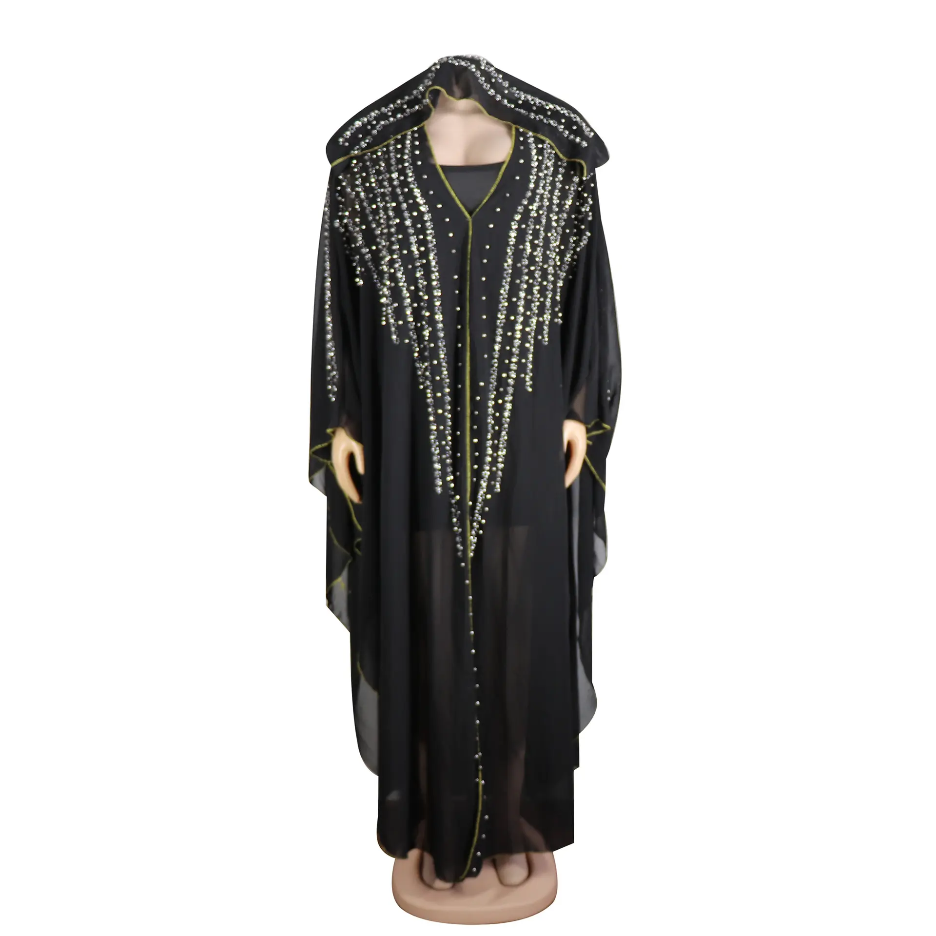 Penjualan Muslim Afrika Jilbab Panjang Gaun Malam Sifon Elegan Kaftan Hitam Abaya Pakaian Islami Djellaba Marocain Kaftan untuk Wo