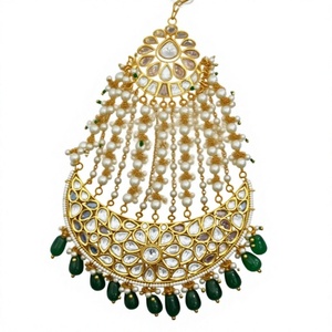 Boucles d'oreilles Kundan Pasa plaquées or avec perles et gouttes vertes pour femmes, ensemble de bijoux de mariage style vintage - Product Image 2
