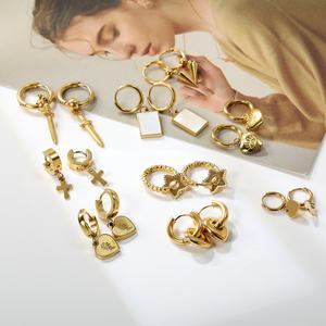 Joyería de Moda al por Mayor, Aretes Colgantes de Acero Inoxidable con Baño de Oro de 18k, con Forma de Concha, Cuadrado, Cruz, Corazón, Estrella y Aro, para Mujer - Product Image 3