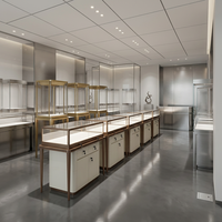 Vitrine de présentation de bijoux moderne et luxueuse, personnalisée, avec éclairage LED, respectueuse de l'environnement, avec comptoir en verre trempé et rangement