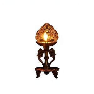 Gold Plated Brass Diya <b>Lamp</b> With Intricate Carving And <b>Elephant</b> Base For Prayer Use - Product Image 6