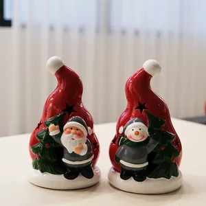 Ornamen lampu LED, topi Santa/manusia salju keramik pohon Natal gantung berkedip