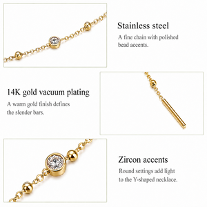 Collar de circonita en forma de Y de acero inoxidable con baño de oro de 14K al vacío, con estaciones de bisel redondo y colgante de barra, cadena ajustable de 46 cm - Product Image 3