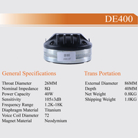 Haut-parleur de compression néodyme hDE400, diaphragme en titane de 26 mm, 40 W, 8 ohms, 105 dB, tweeter HF pour enceinte professionnelle