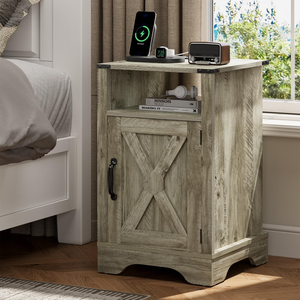 Comodino Rustico in Legno Stile Fattoria con Ripiano e Stazione di Ricarica per Camera da Letto e Soggiorno - Product Image 1