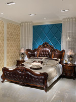 Lit de chambre vintage sculpté en bois massif de chêne avec surface en cuir véritable de style européen luxueux BTLB054 pour la maison ou l'hôtel