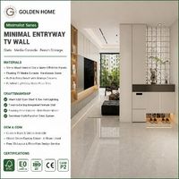 Mur TV d'entrée minimaliste haut de gamme, personnalisé, écologique et ignifuge |   Panneaux en lattes de bois |   Console flottante |   Banc de rangement |   LED |